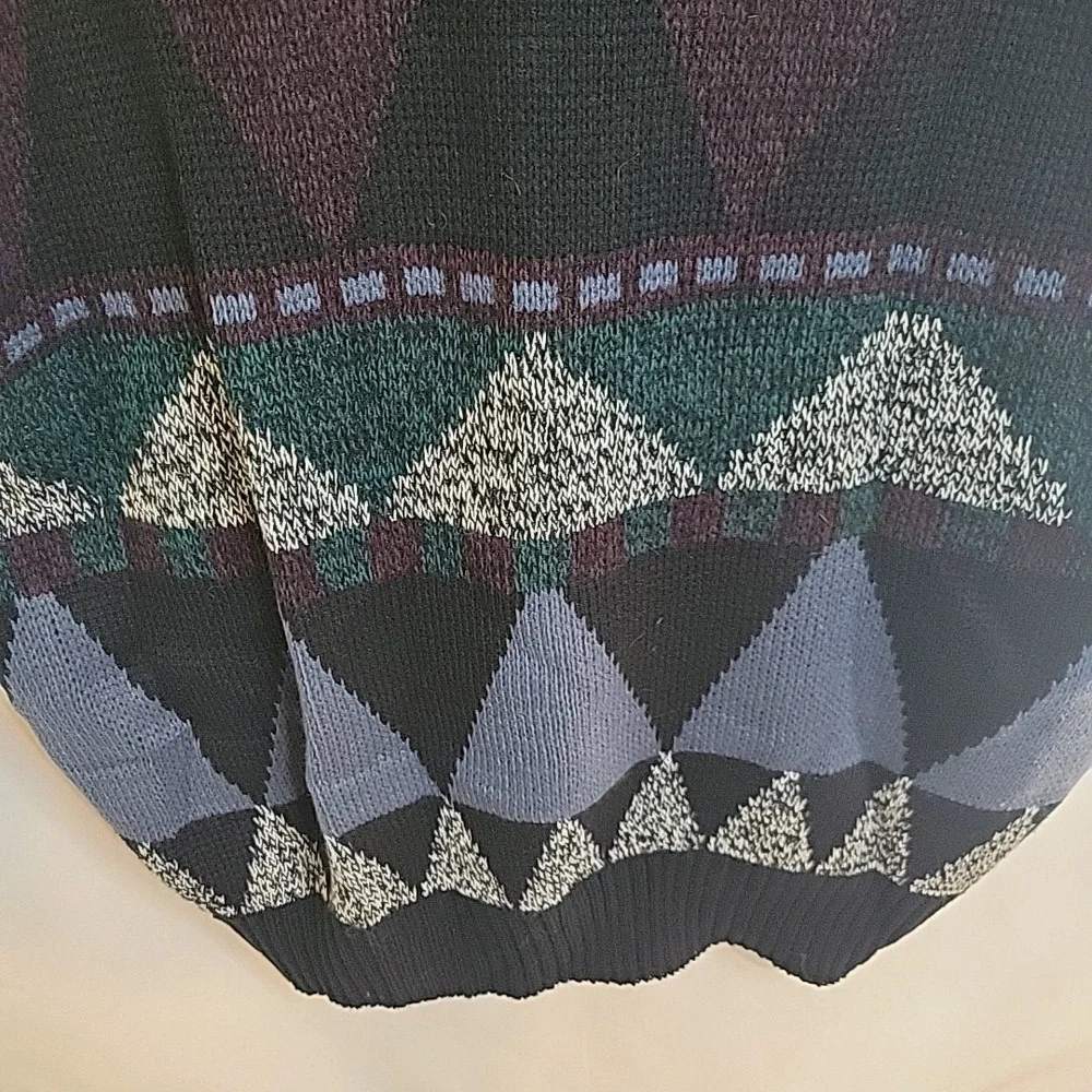 Impact Vintage 80s Button Up Sweater Vest Geometric Grandpa Leather Trim Men's L